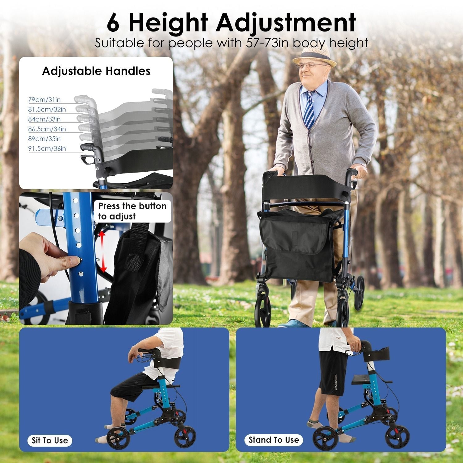 Aluminum Rollator Walker with Seat Backrest Foldable Rolling Walker with 220LBS Max Load 31-36in Adjustable Height 8in Wheels for Seniors Adult Mobility GPCT5252
