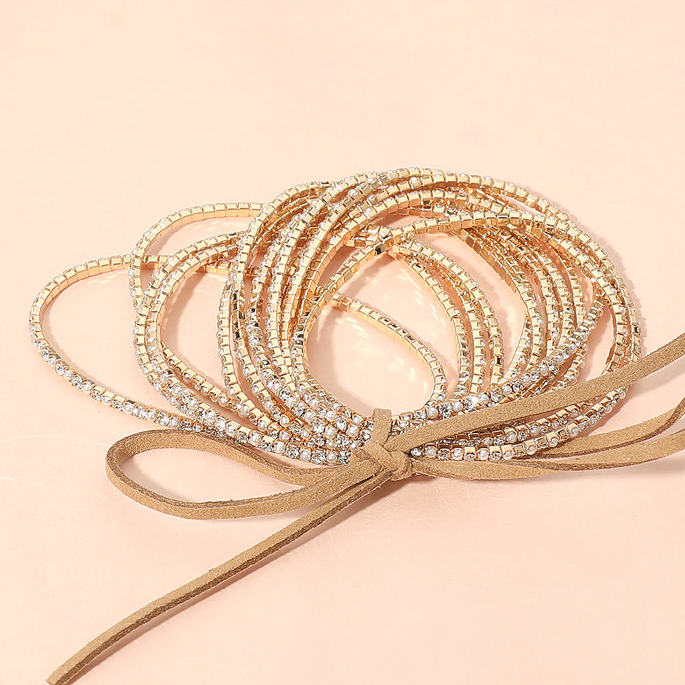 12PCS - Ribbon Colorful Rhinestone Layered Stretch Bracelets