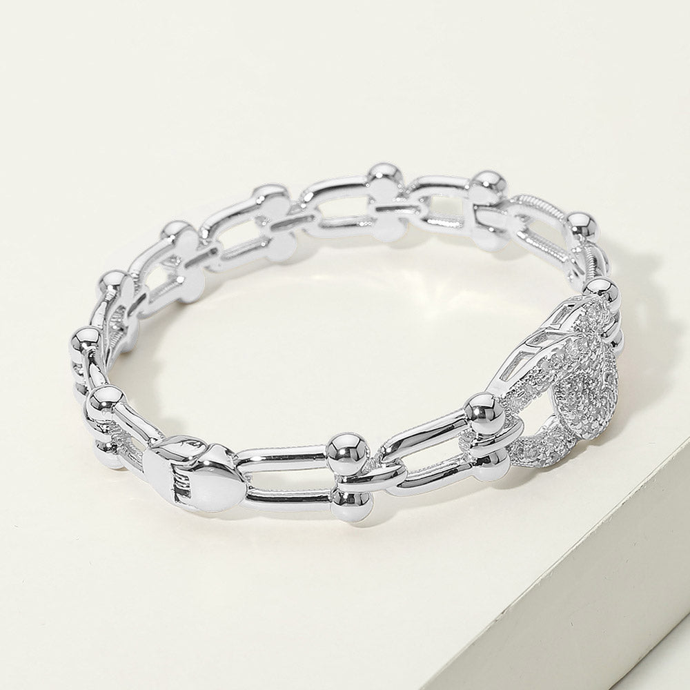 14K Gold Plated CZ Pave Link Centerpiece Industrial Chain Link Hinged Bangle Bracelet