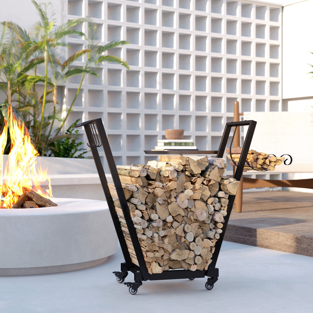 31" Firewood Rack with Wheels and Hooks for Tools & Kindling