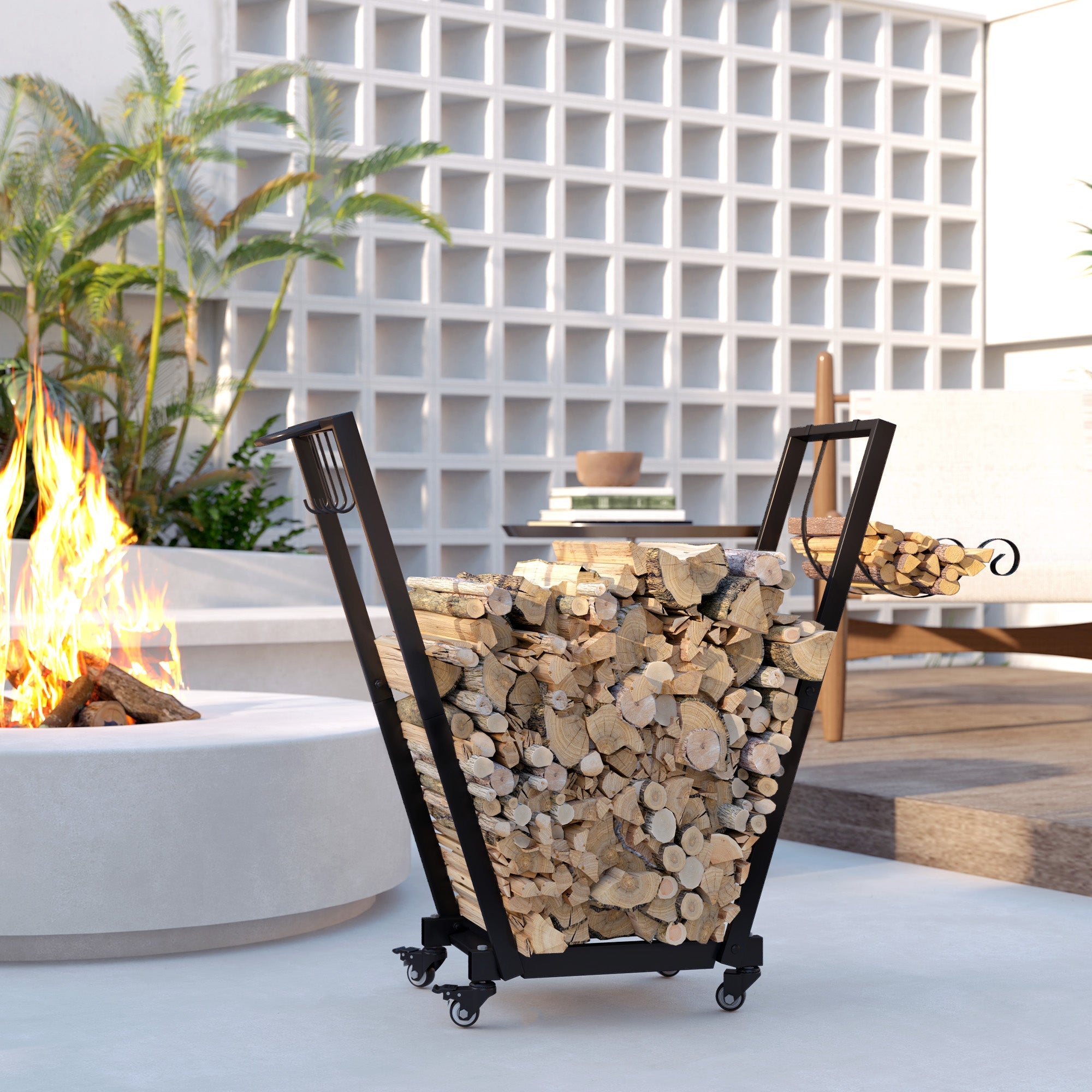 31" Firewood Rack with Wheels and Hooks for Tools & Kindling