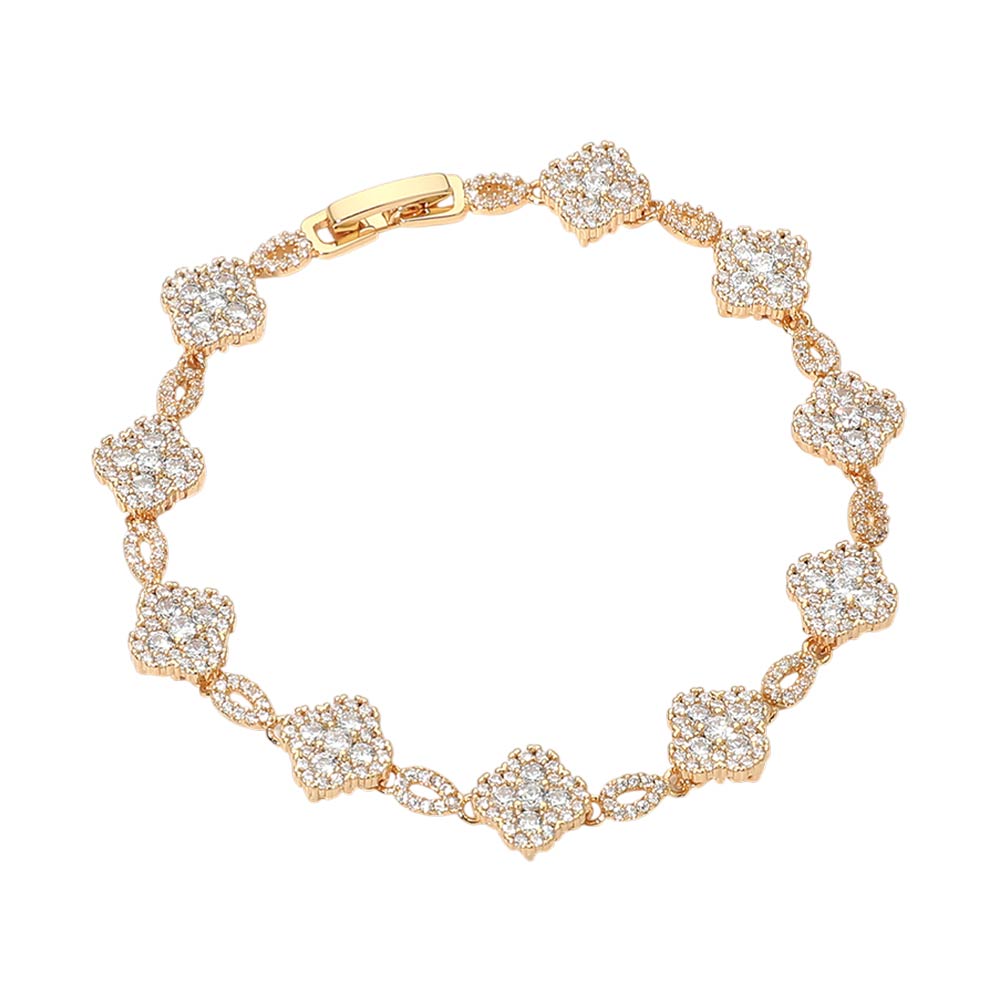 14K Gold Plated CZ Pave Quatrefoil Link Bracelet