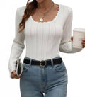 Analise Button Cuff Pointelle Knit Top In White