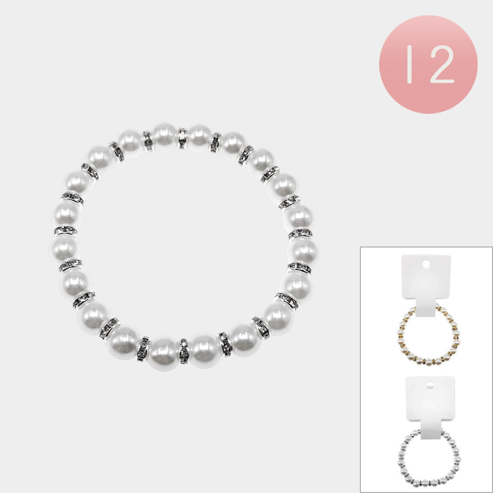 12PCS - Rhinestone Spacer Pearl Beaded Stretch Bracelets
