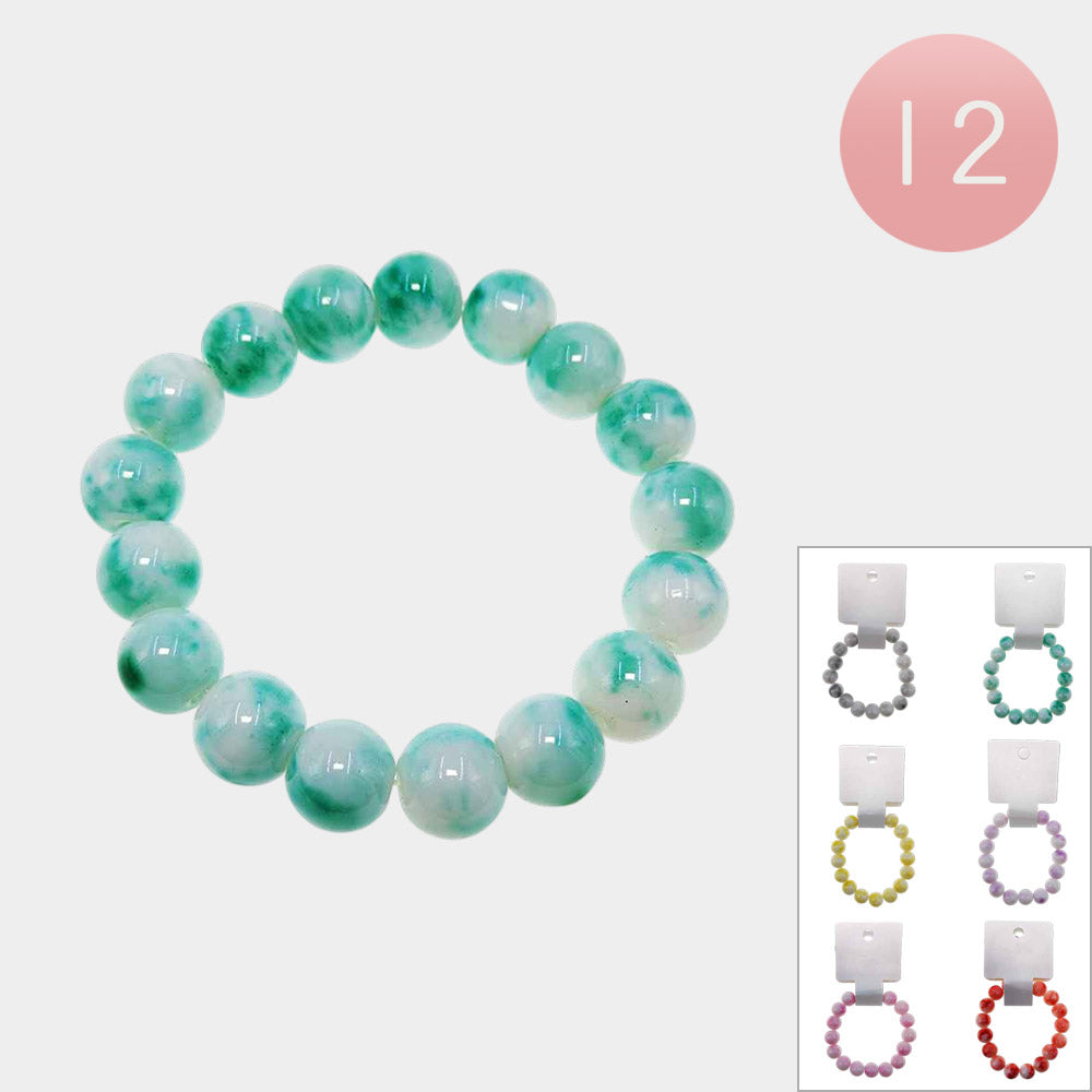 12PCS - Marbled Ball Beaded Stretch Bracelets 0.5"