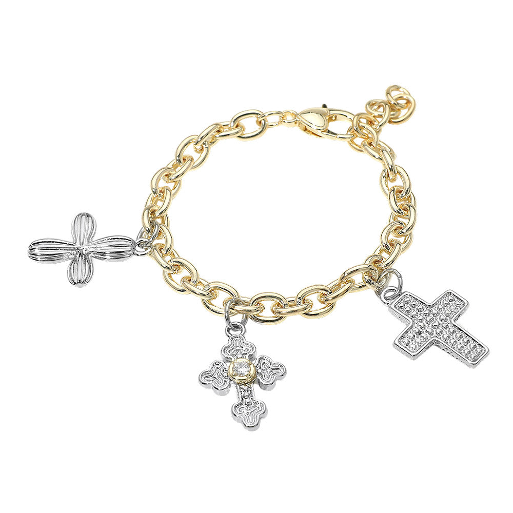 14K Gold Plated Two Tone CZ Pave Cross Charm Station Bracelet