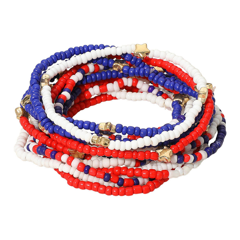 14PCS - American USA Star Beaded Stretch Multi Layered Bracelets