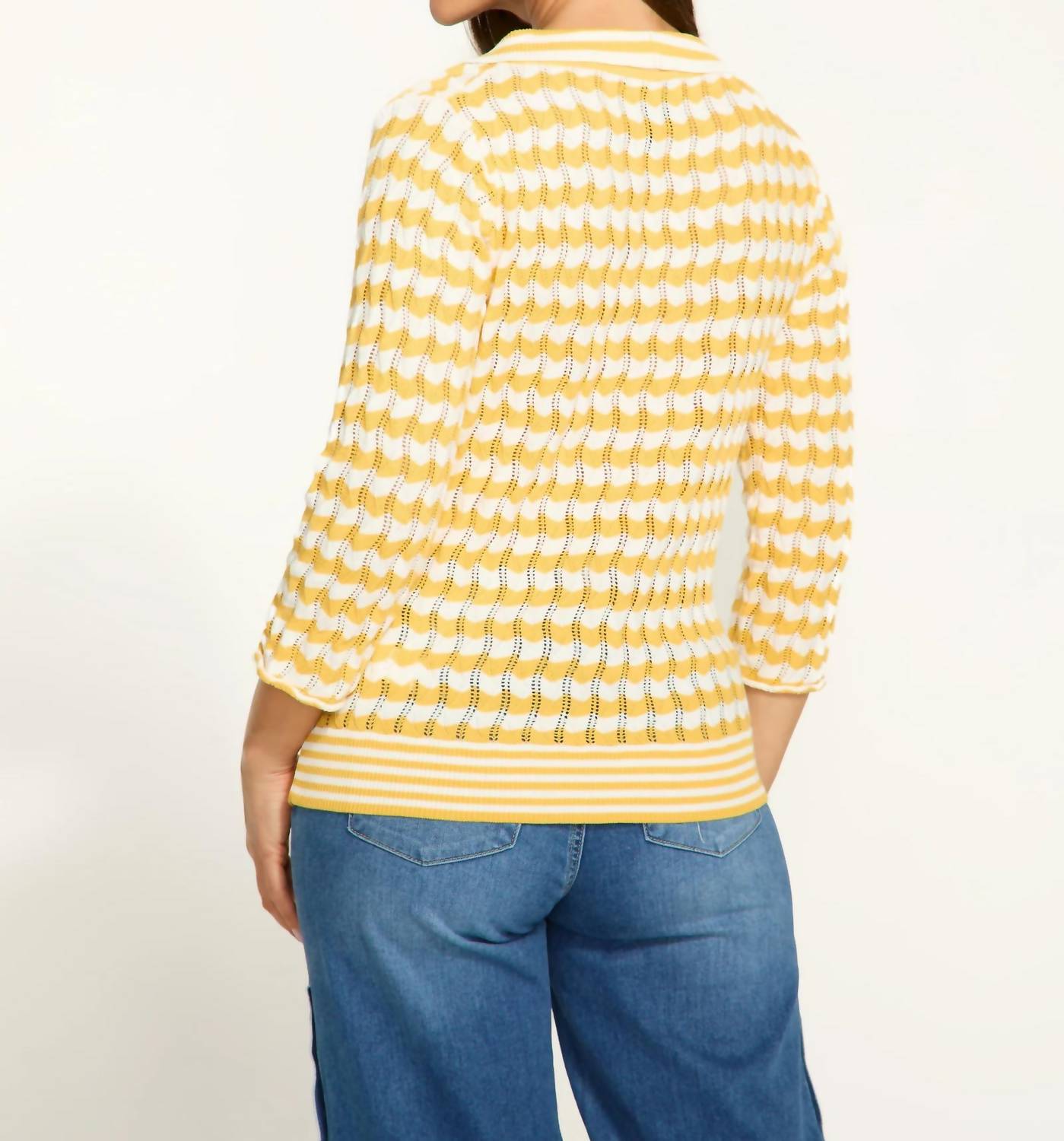 3/4 Sleeve Polo Sweater In Yellow