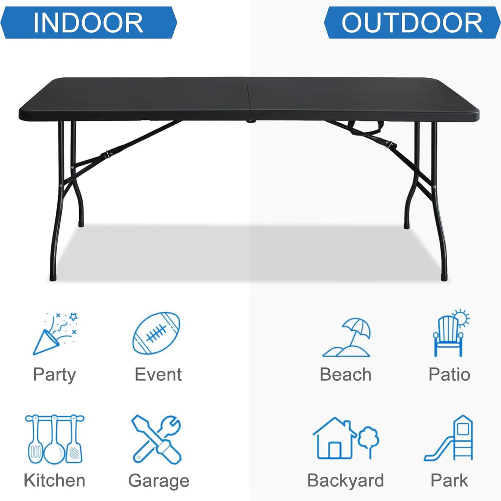 6 Foot Folding Table,Fold-in-Half Plastic Table,Indoor Outdoor Picnic Party Dining Camp Tables,Black