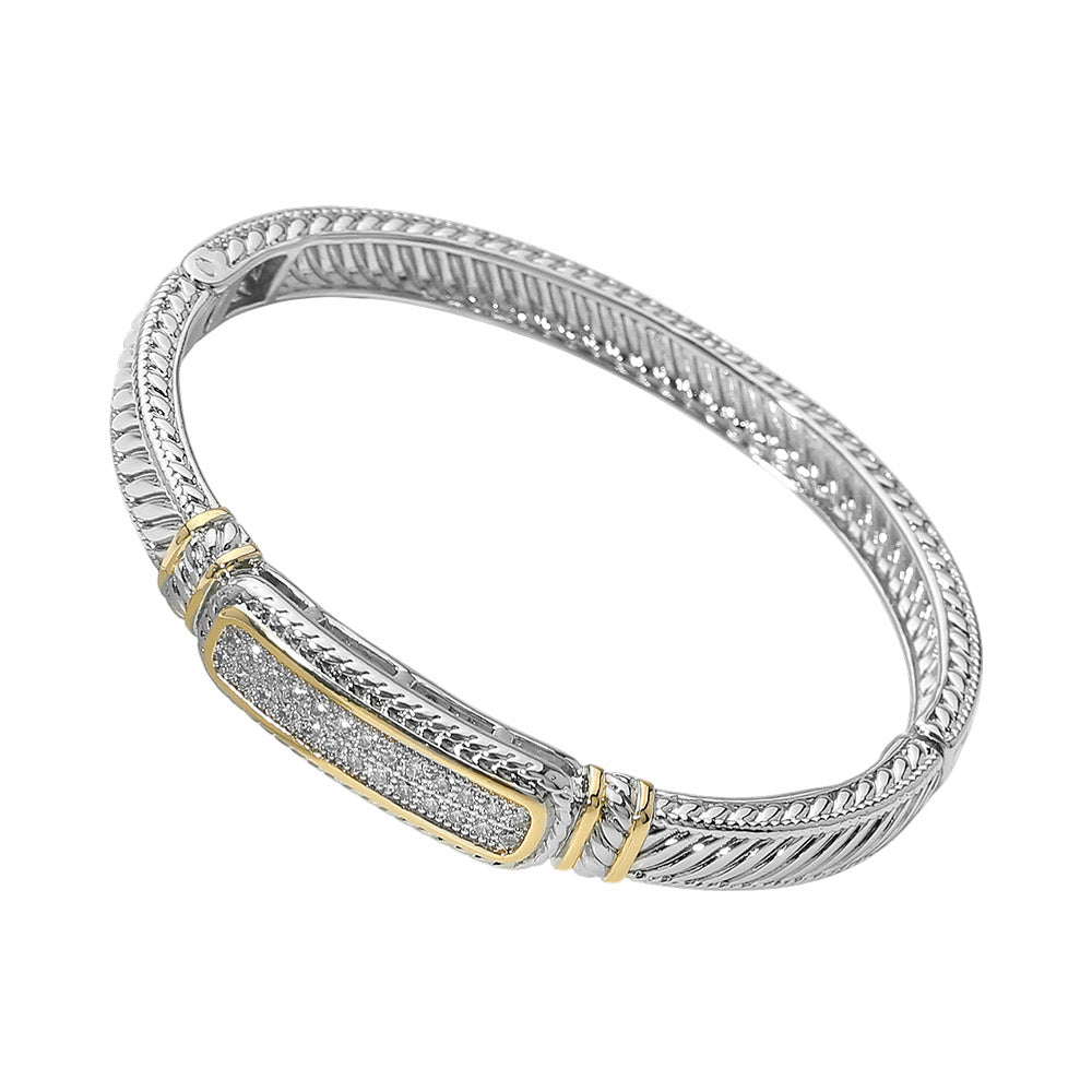 14K Gold Plated Two Tone CZ Pave Bar Accent Cable Hinged Bangle Bracelet