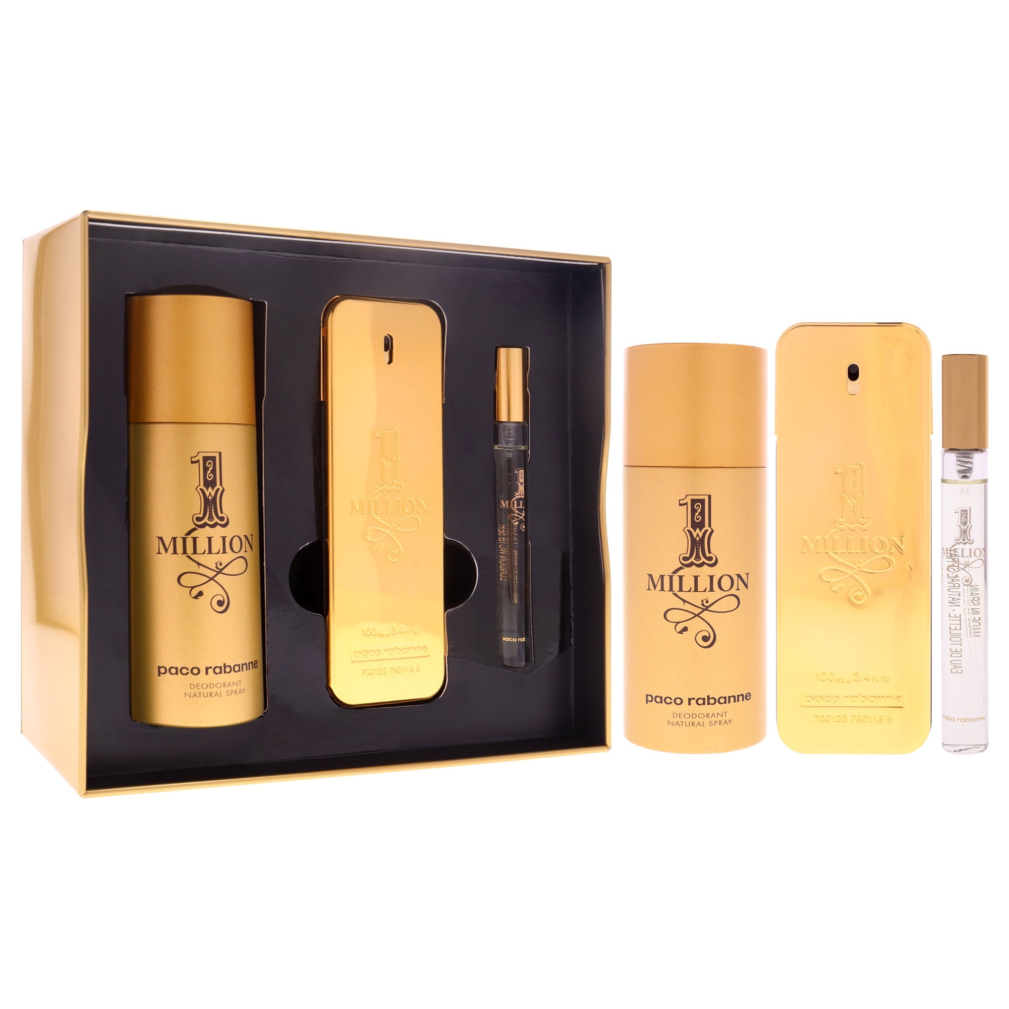 1 Million by Paco Rabanne for Men - 3 Pc Gift Set 3.4oz EDT Spray, 0.34oz EDT Spray (Mini), 5.1oz Deodrant Spray