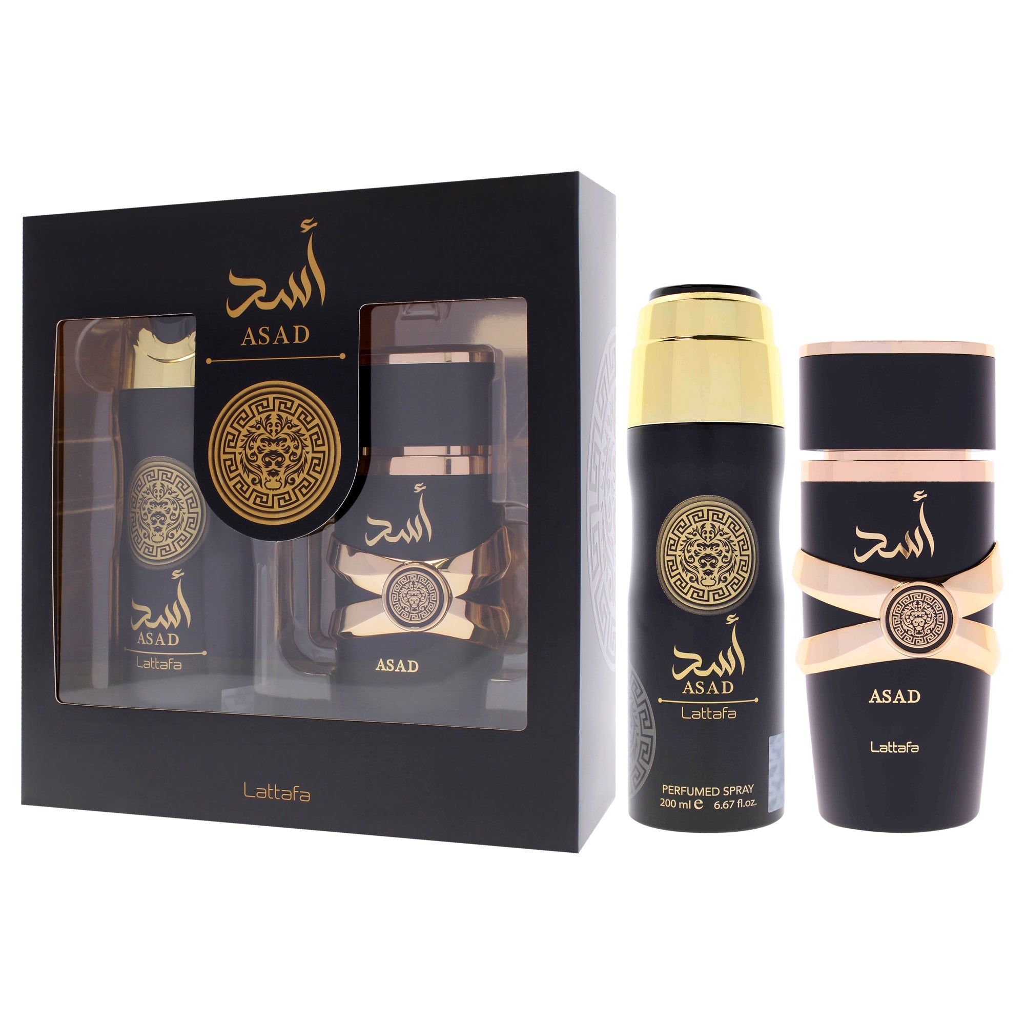 Asad by Lattafa for Unisex - 2 Pc Gift Set 3.4oz EDP Spray, 6.7oz Deodorant Spray