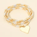 4PCS - Brushed Hammered Metal Heart Plate Charm Accent Metal Ball Beaded Stretch Multi Layered Bracelets