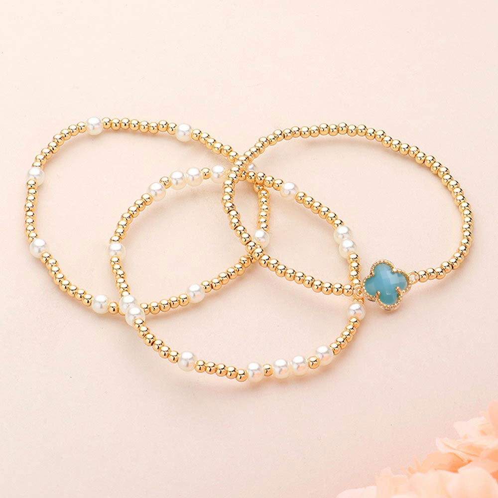 3PCS - Quatrefoil Pointed Pearl Metal Ball Beaded Stretch Multi Layered Bracelets