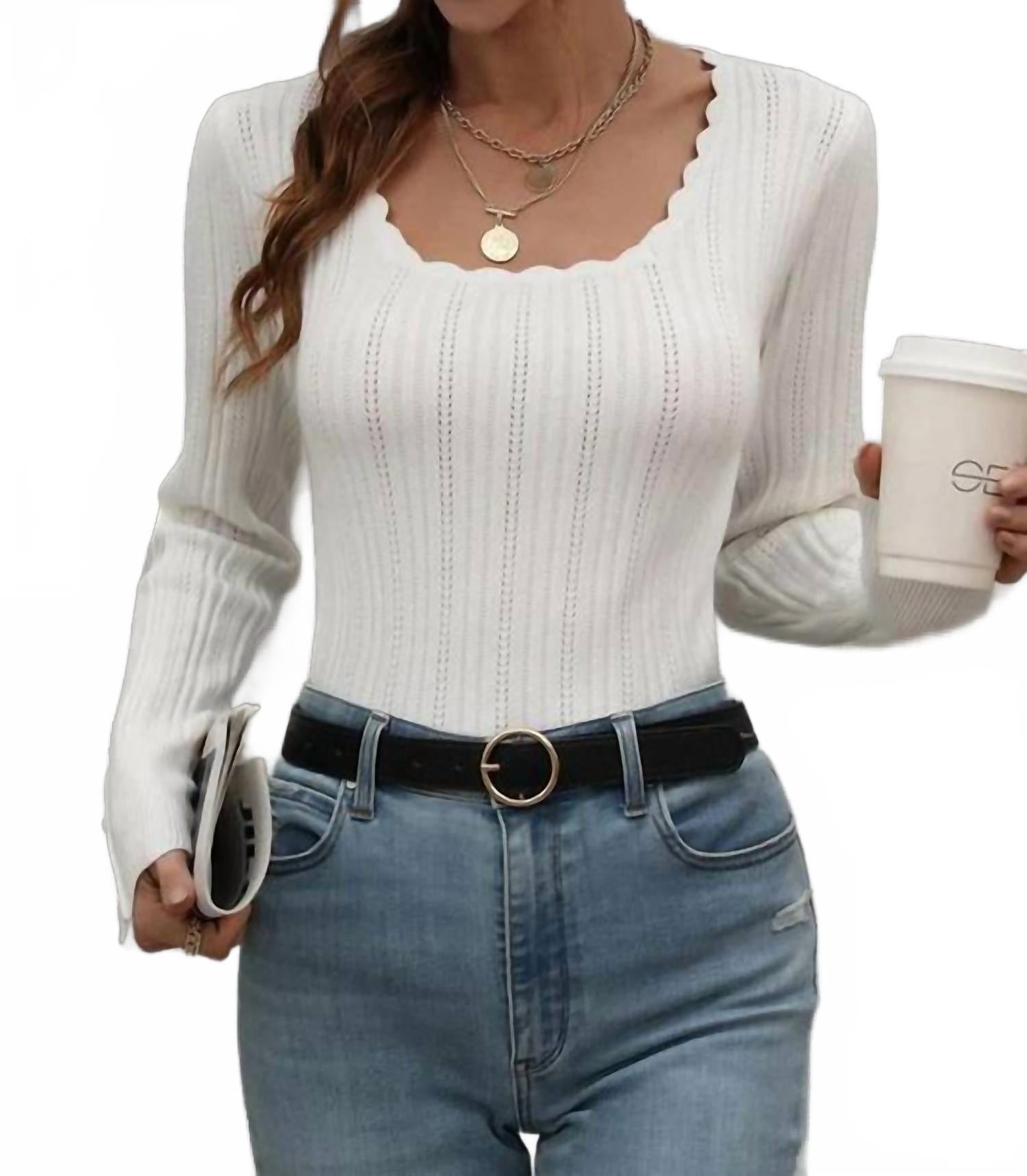Analise Button Cuff Pointelle Knit Top In White