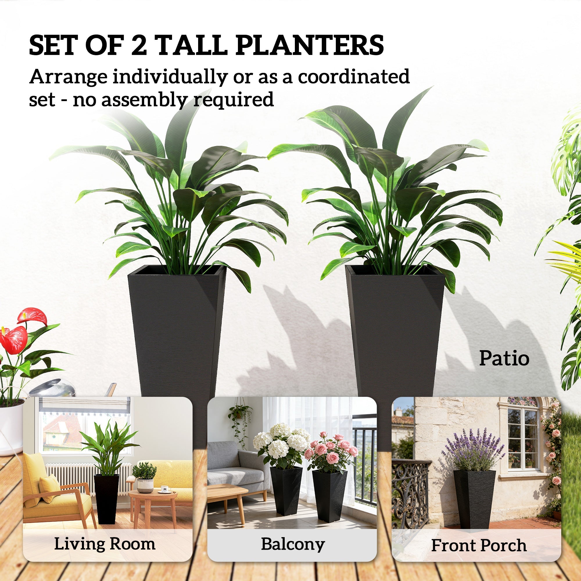 2-Pack Tall Plastic Planters for Entryway & Deck