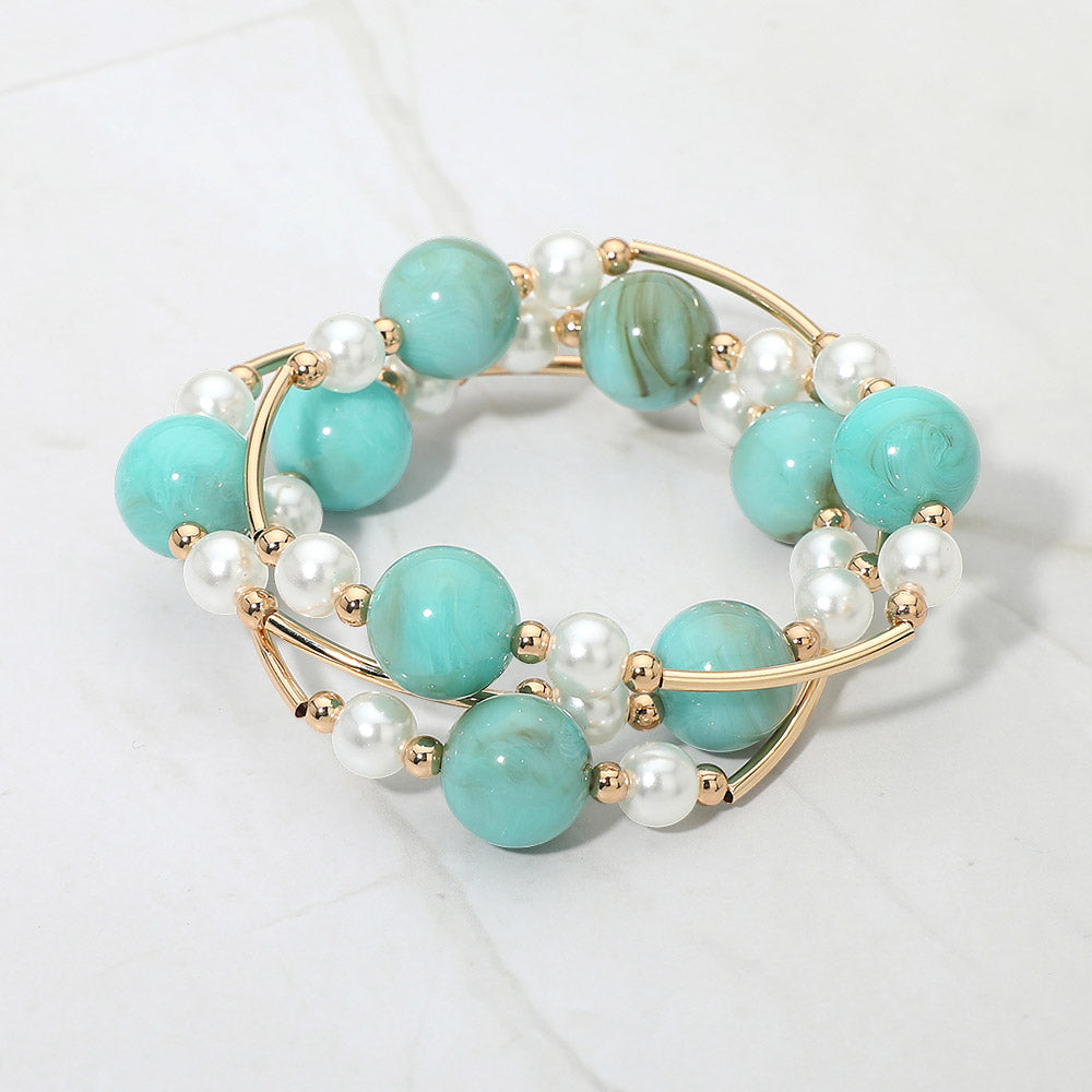 3PCS - Marbled Ball Pearl Metal Bar Beaded Stretch Multi Layered Bracelets