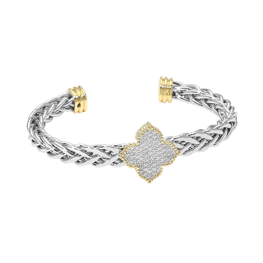 14K Gold Plated Two Tone CZ Pave Clover Accent Braided Cuff Bracelet