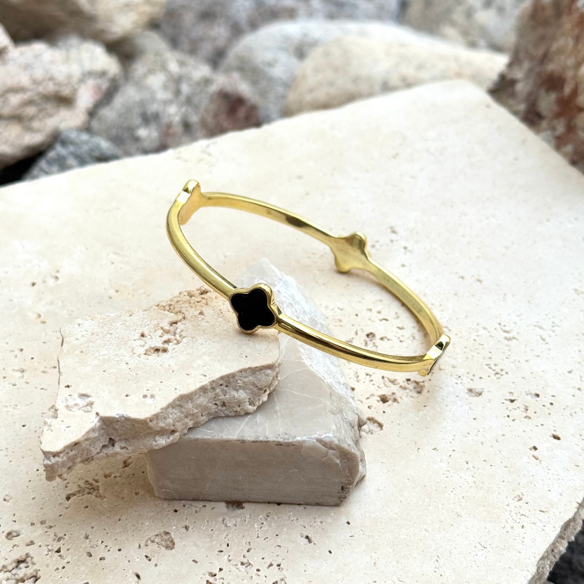 14k Gold Plated Black Clover Bangle