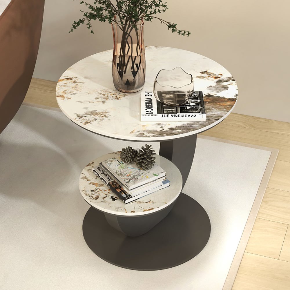 20" Round Sintered Stone 2-Tier Gold Moon-Shaped Side Table