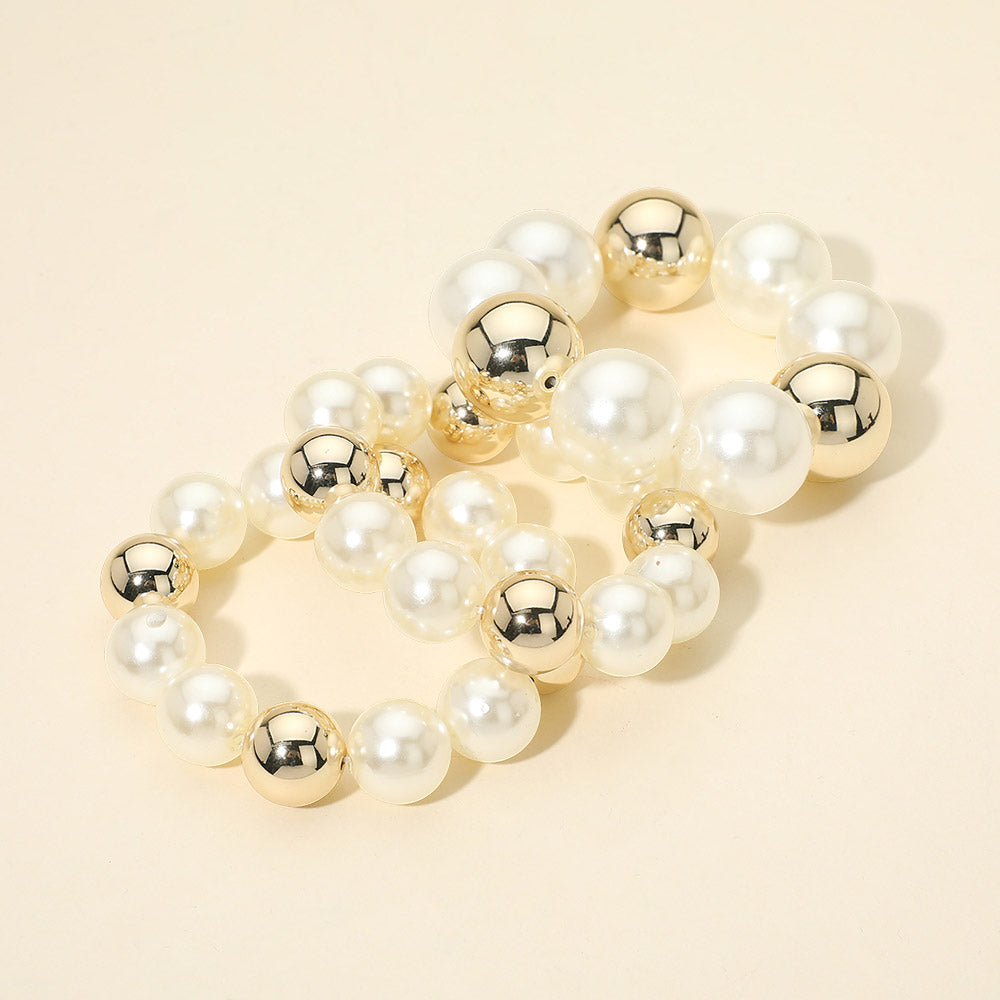 3PCS - Bold Pearl Metal Ball Beaded Stretch Multi Layered Bracelets