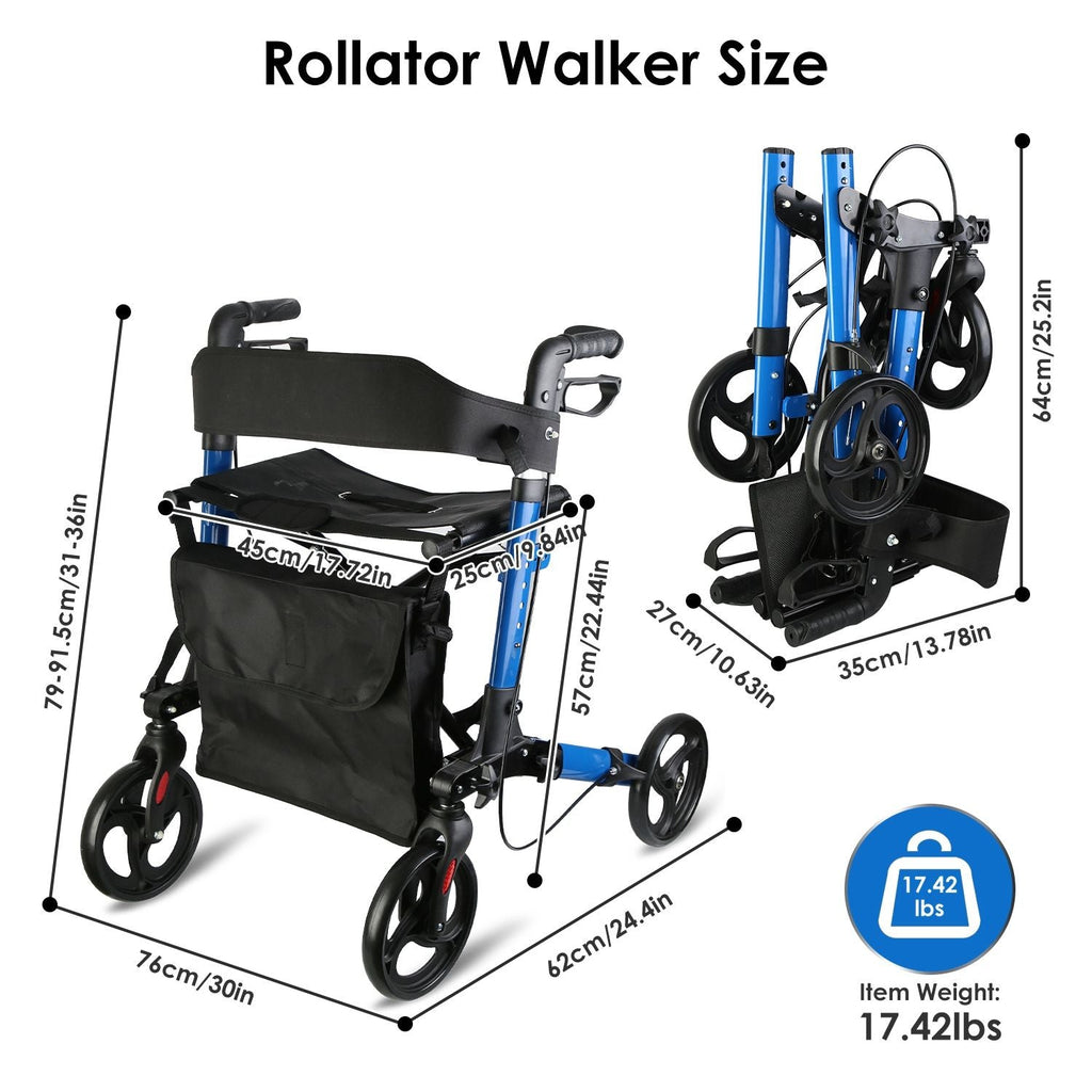 Aluminum Rollator Walker with Seat Backrest Foldable Rolling Walker with 220LBS Max Load 31-36in Adjustable Height 8in Wheels for Seniors Adult Mobility GPCT5252