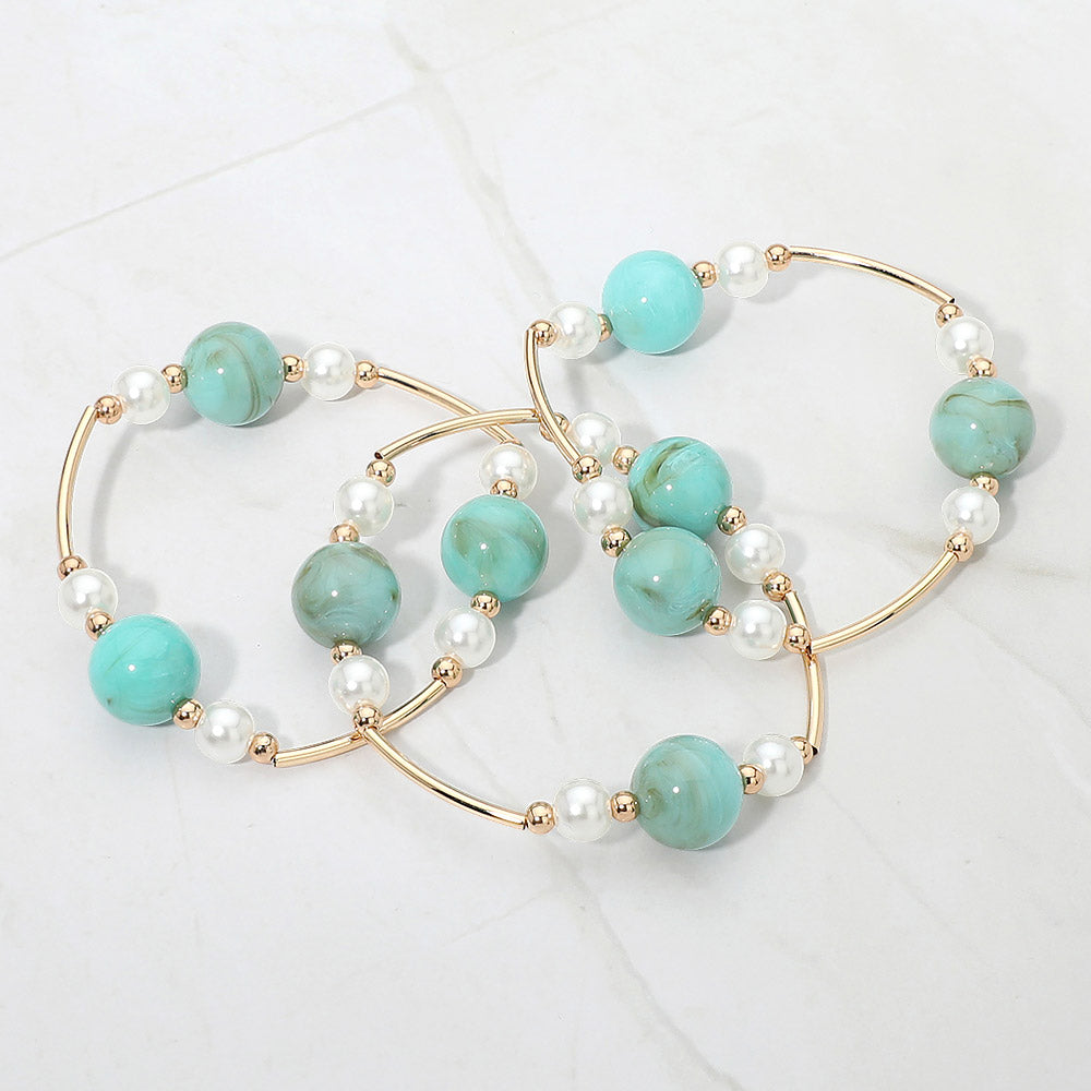 3PCS - Marbled Ball Pearl Metal Bar Beaded Stretch Multi Layered Bracelets