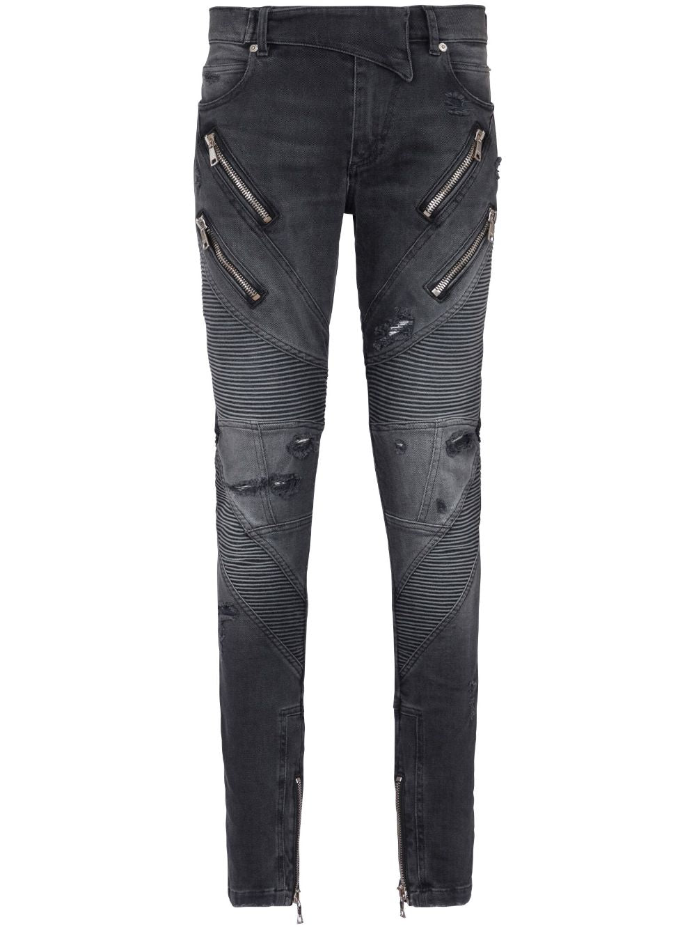 Anthracite Grey Stretch-Cotton Distressed Panelled Trousers