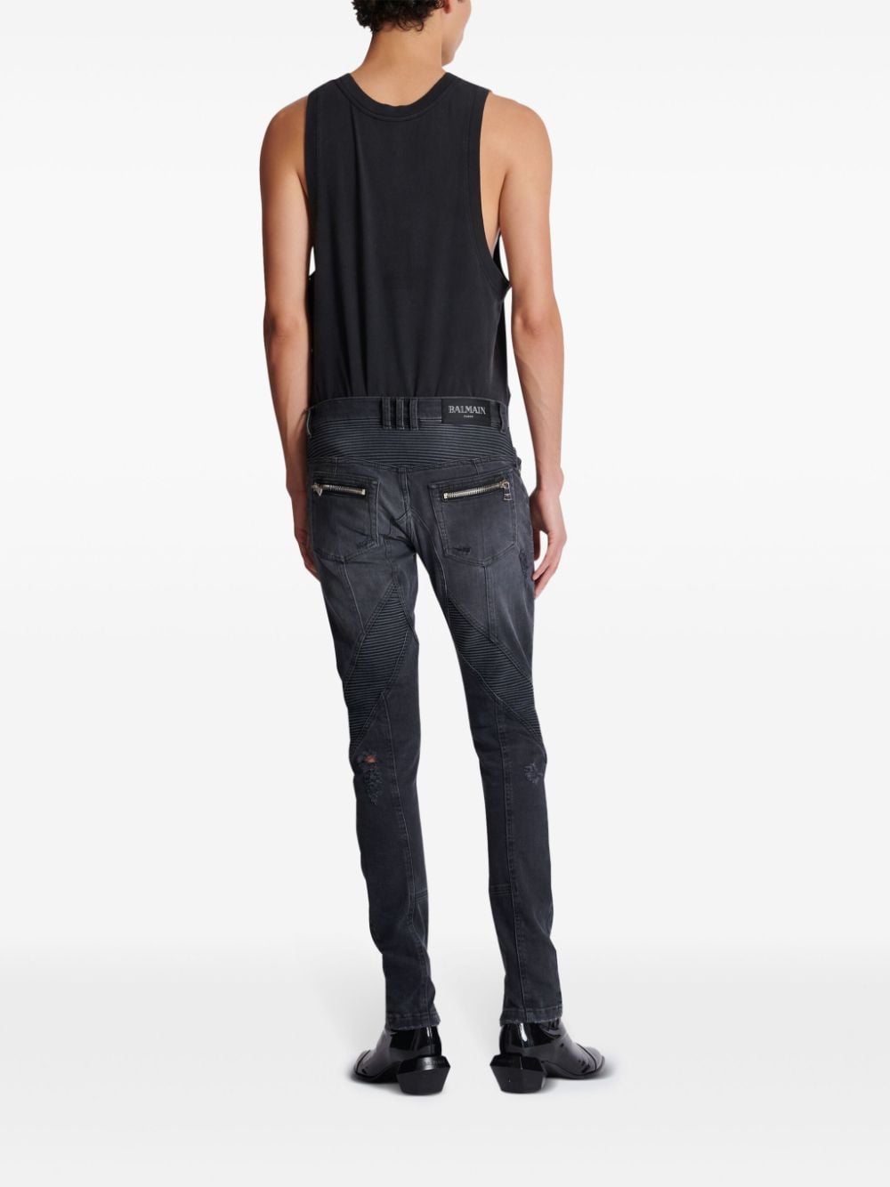 Anthracite Grey Stretch-Cotton Distressed Panelled Trousers