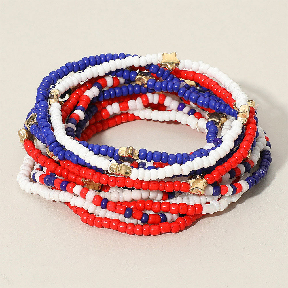 14PCS - American USA Star Beaded Stretch Multi Layered Bracelets