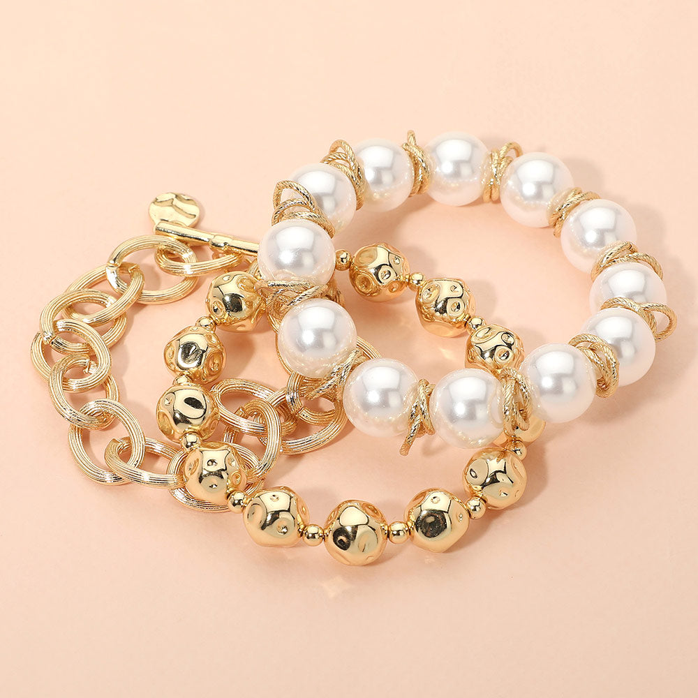 3PCS - Chunky Pearl Hammered Metal Ball Beaded Stretch Textured Oval Link Toggle Multi Layered Bracelets