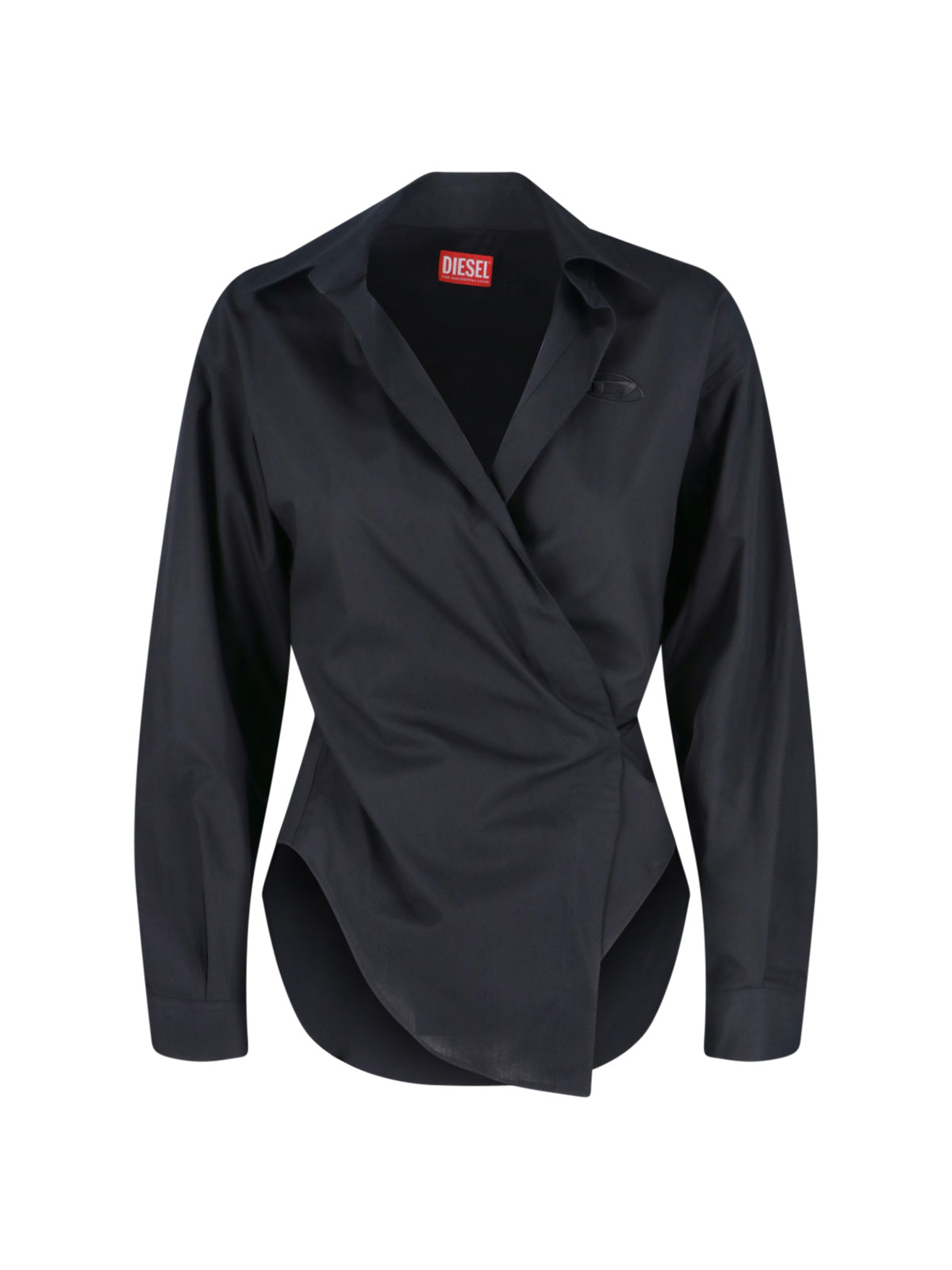 Asymmetrical Black Cotton Shirt With Curved Hem And Embroidered Logo