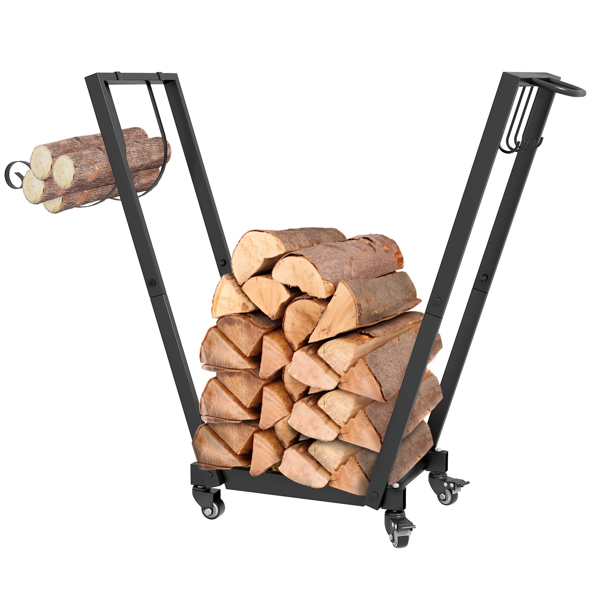 31" Firewood Rack with Wheels and Hooks for Tools & Kindling