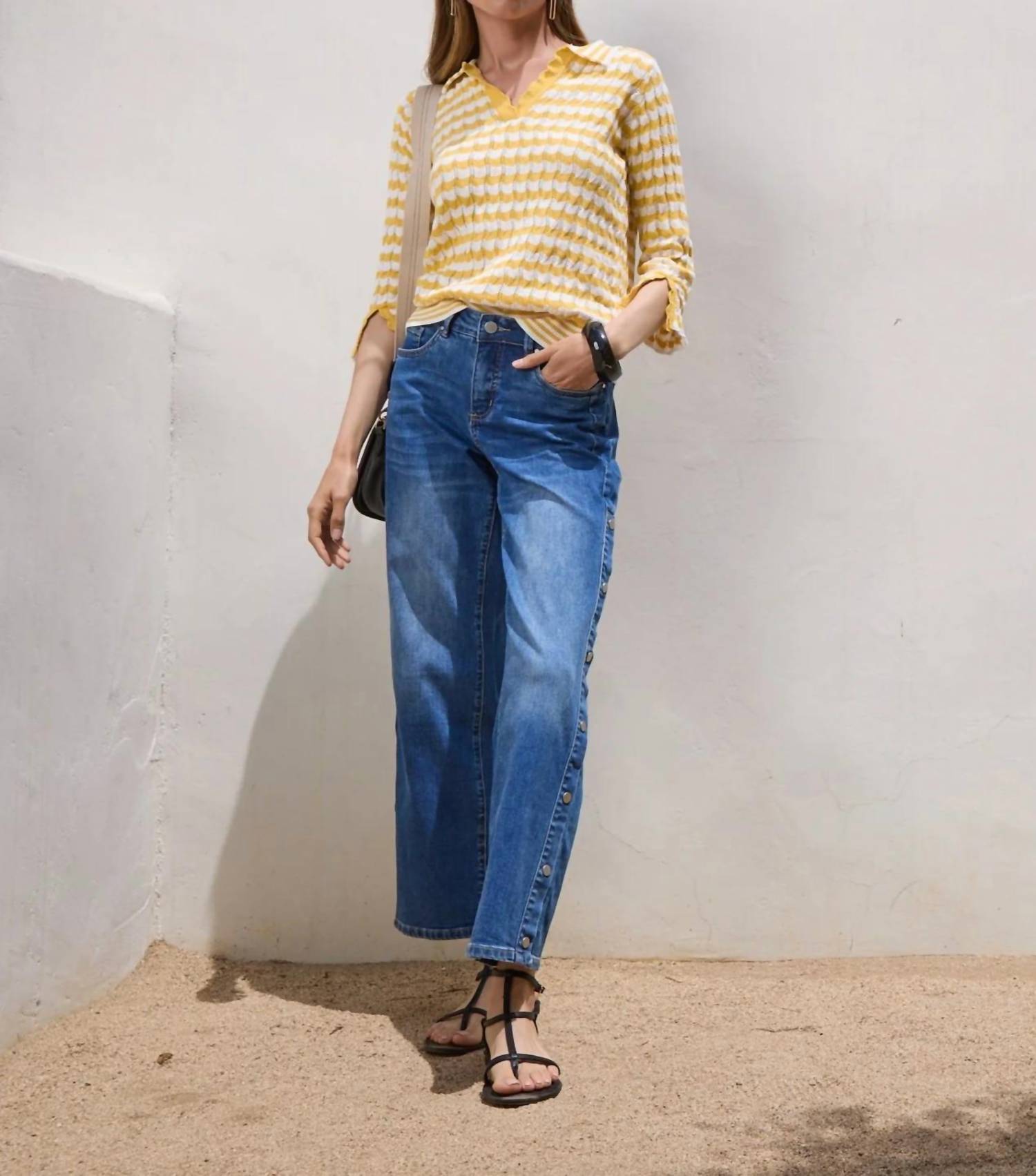 3/4 Sleeve Polo Sweater In Yellow