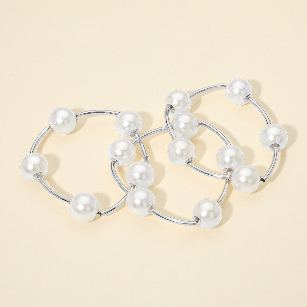 3PCS - Pearl Ball and Bar Beaded Stretch Multi Layered Bracelets