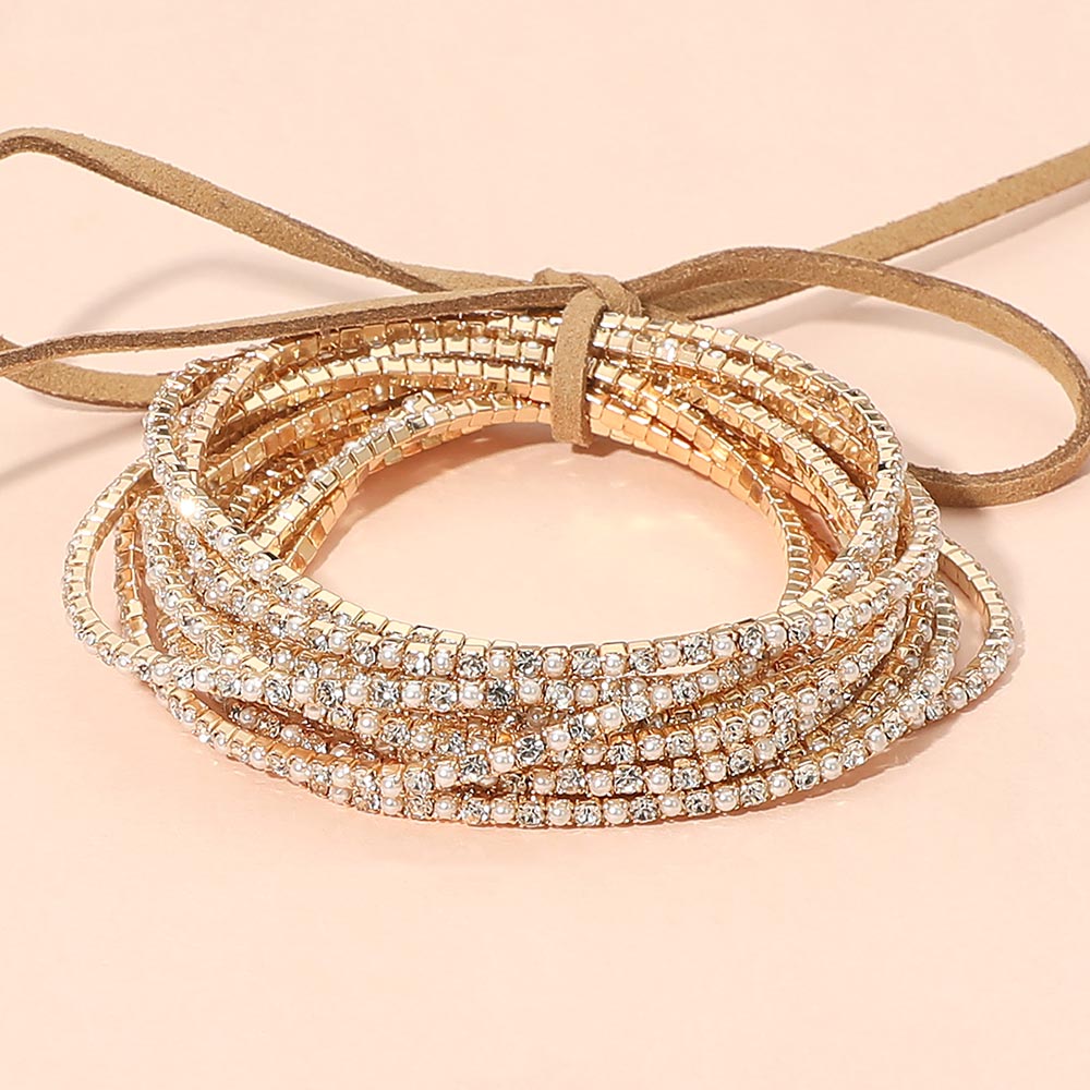 12PCS - Ribbon Colorful Rhinestone Layered Stretch Bracelets