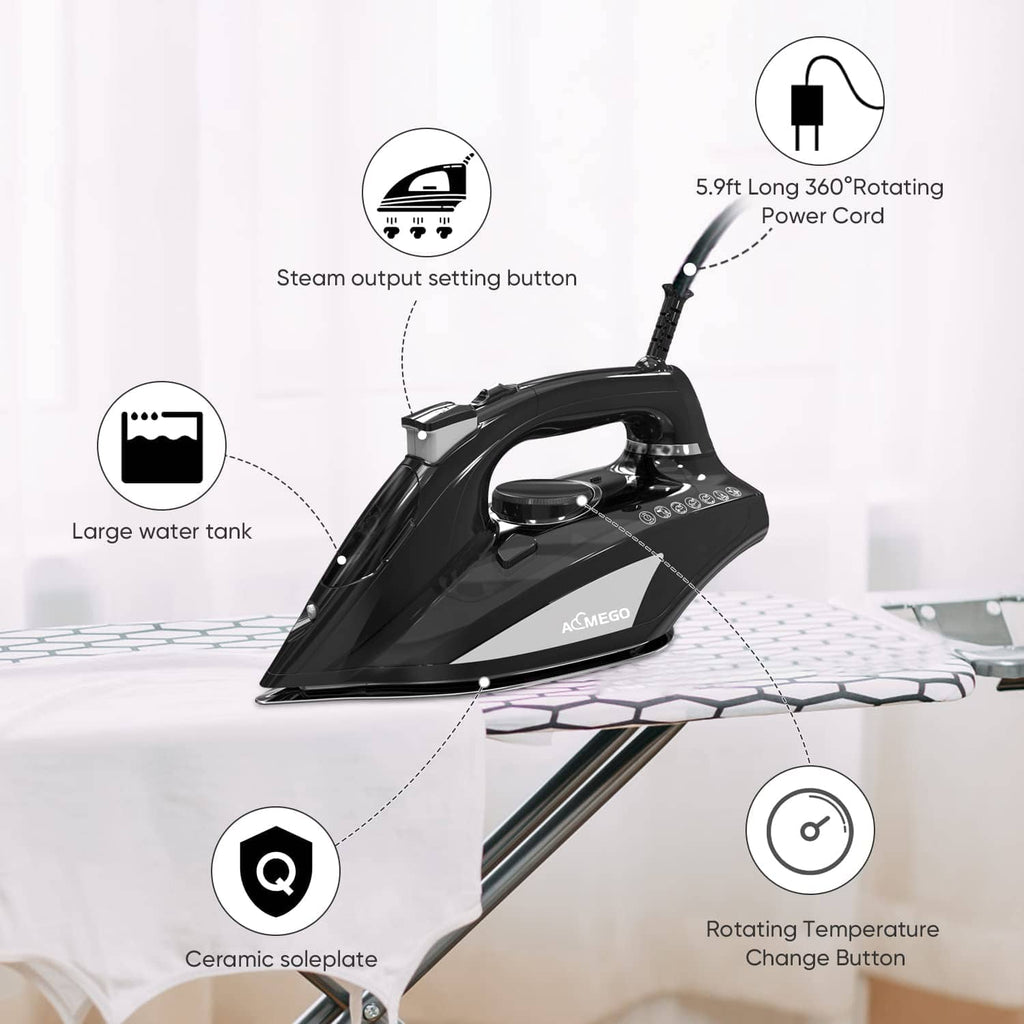Aemego Steam Iron for Clothes Portable Anti Drip Clothes Iron Steam Black