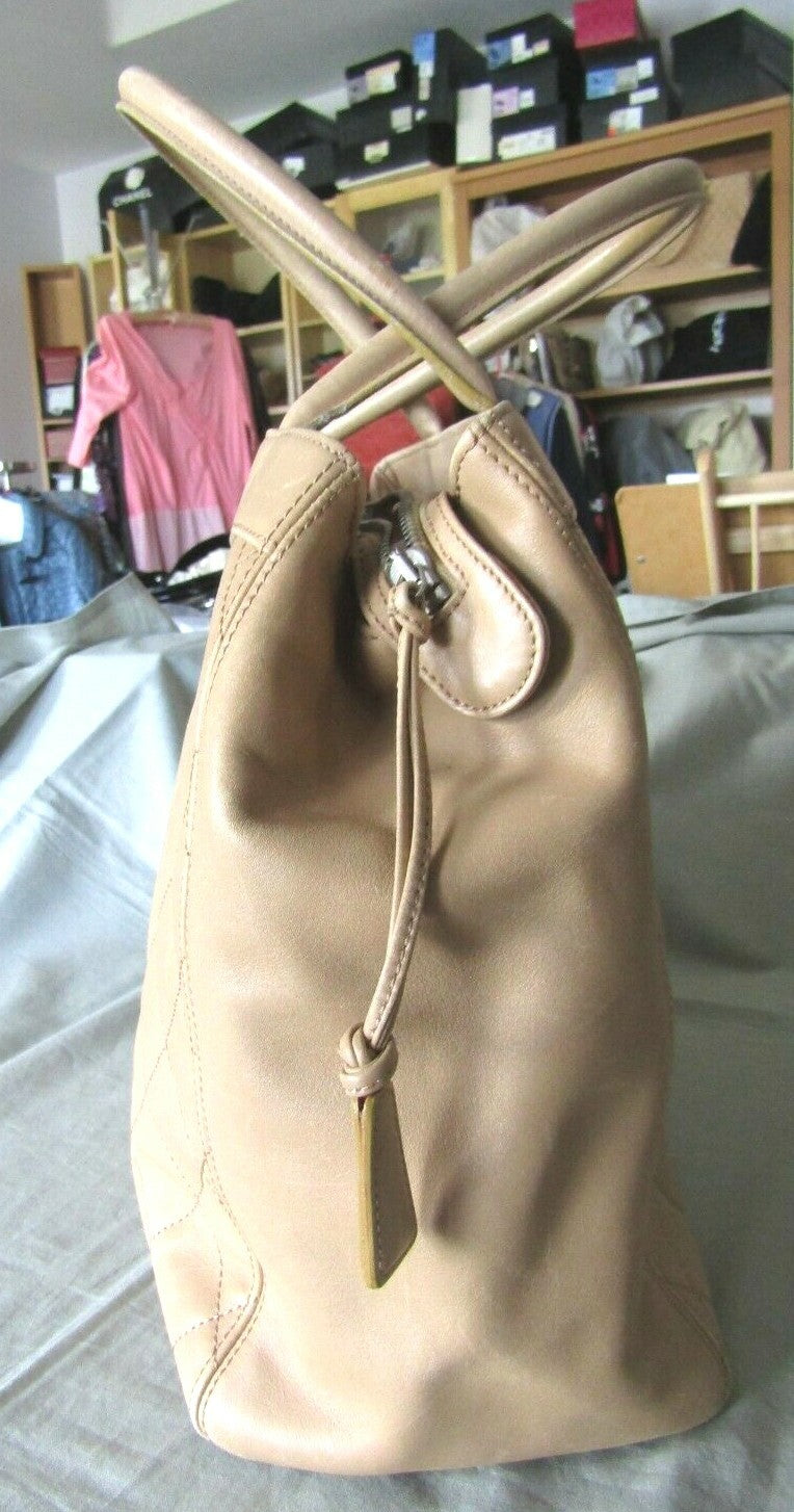 Authentic Chanel Beige Lambskin Leather Quilted Hand Bag