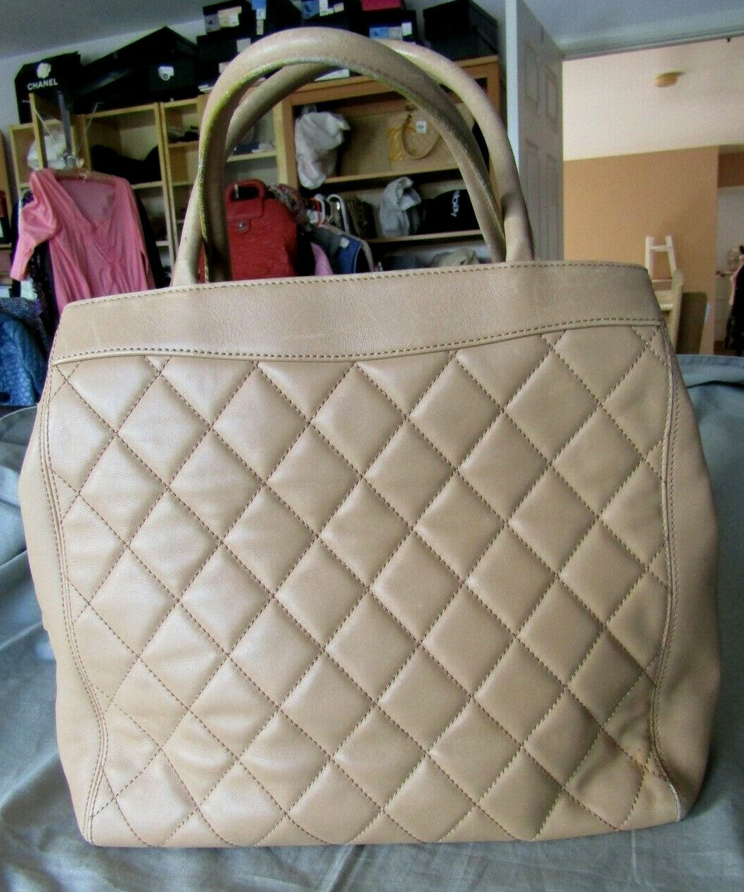Authentic Chanel Beige Lambskin Leather Quilted Hand Bag