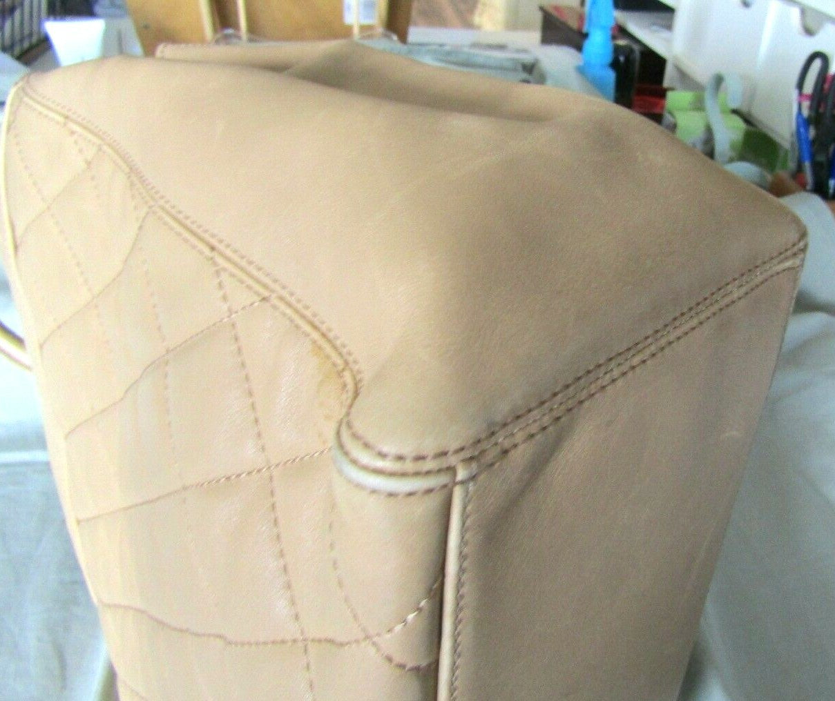 Authentic Chanel Beige Lambskin Leather Quilted Hand Bag