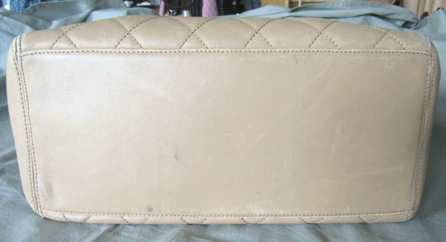 Authentic Chanel Beige Lambskin Leather Quilted Hand Bag