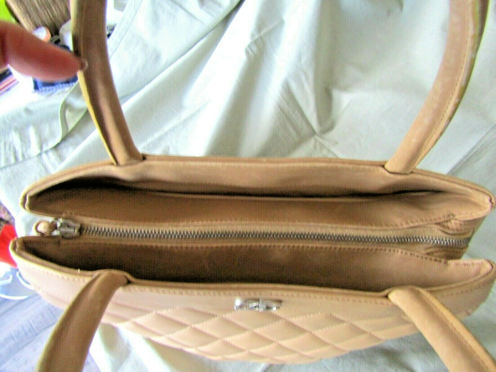 Authentic Chanel Beige Lambskin Leather Quilted Hand Bag