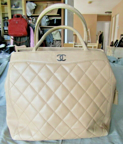 Authentic Chanel Beige Lambskin Leather Quilted Hand Bag