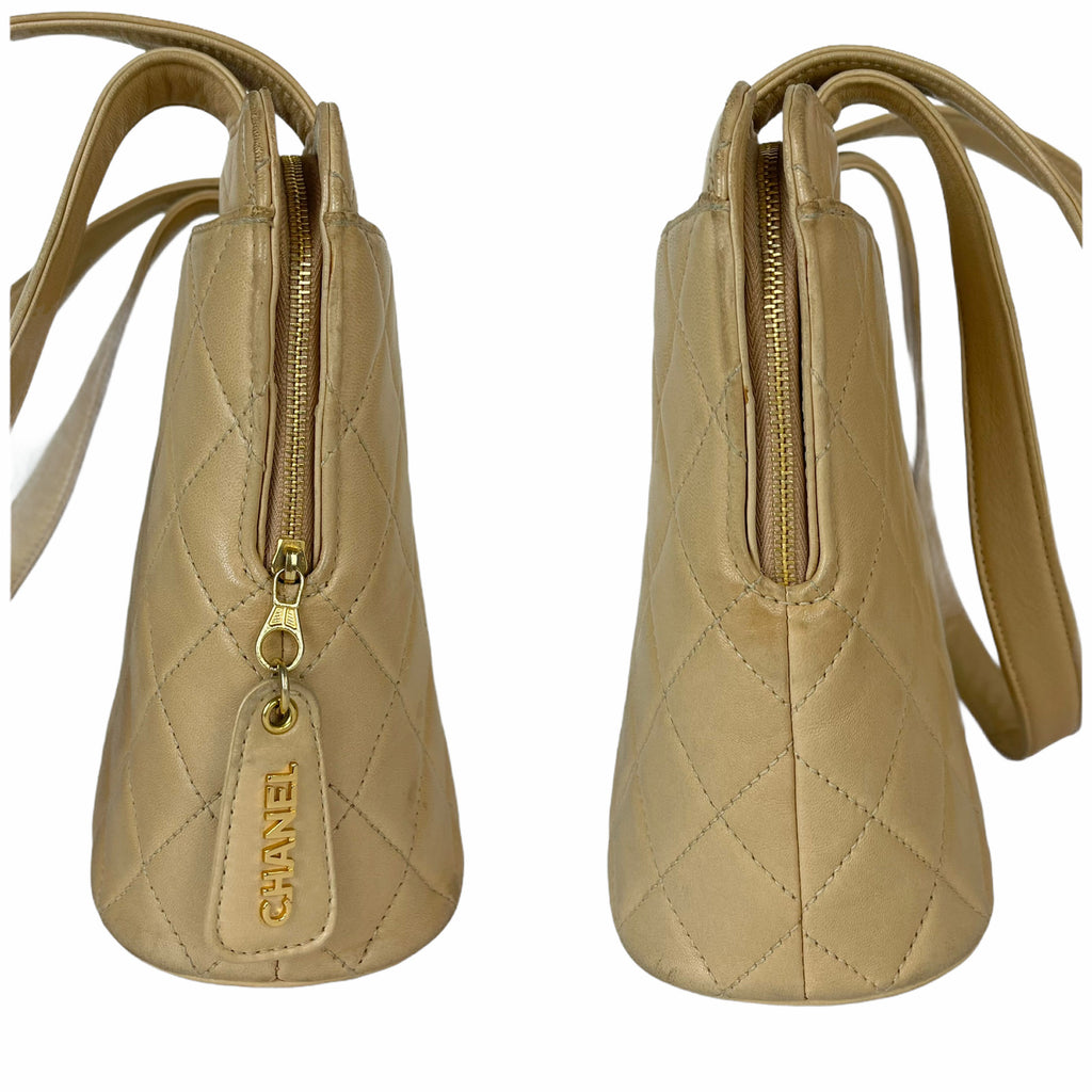 CHANEL Matelasse Beige Quilted Lambskin Leather Bag CC Logo