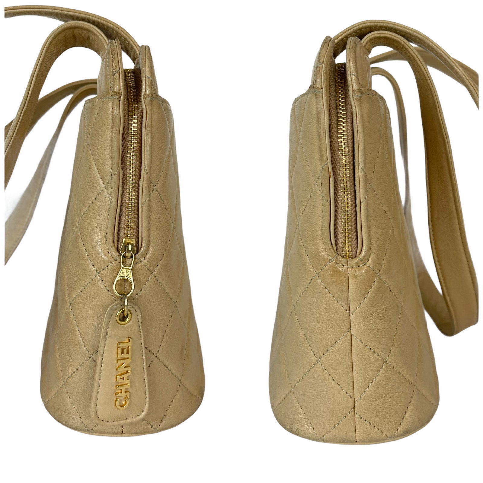 CHANEL Matelasse Beige Quilted Lambskin Leather Bag CC Logo