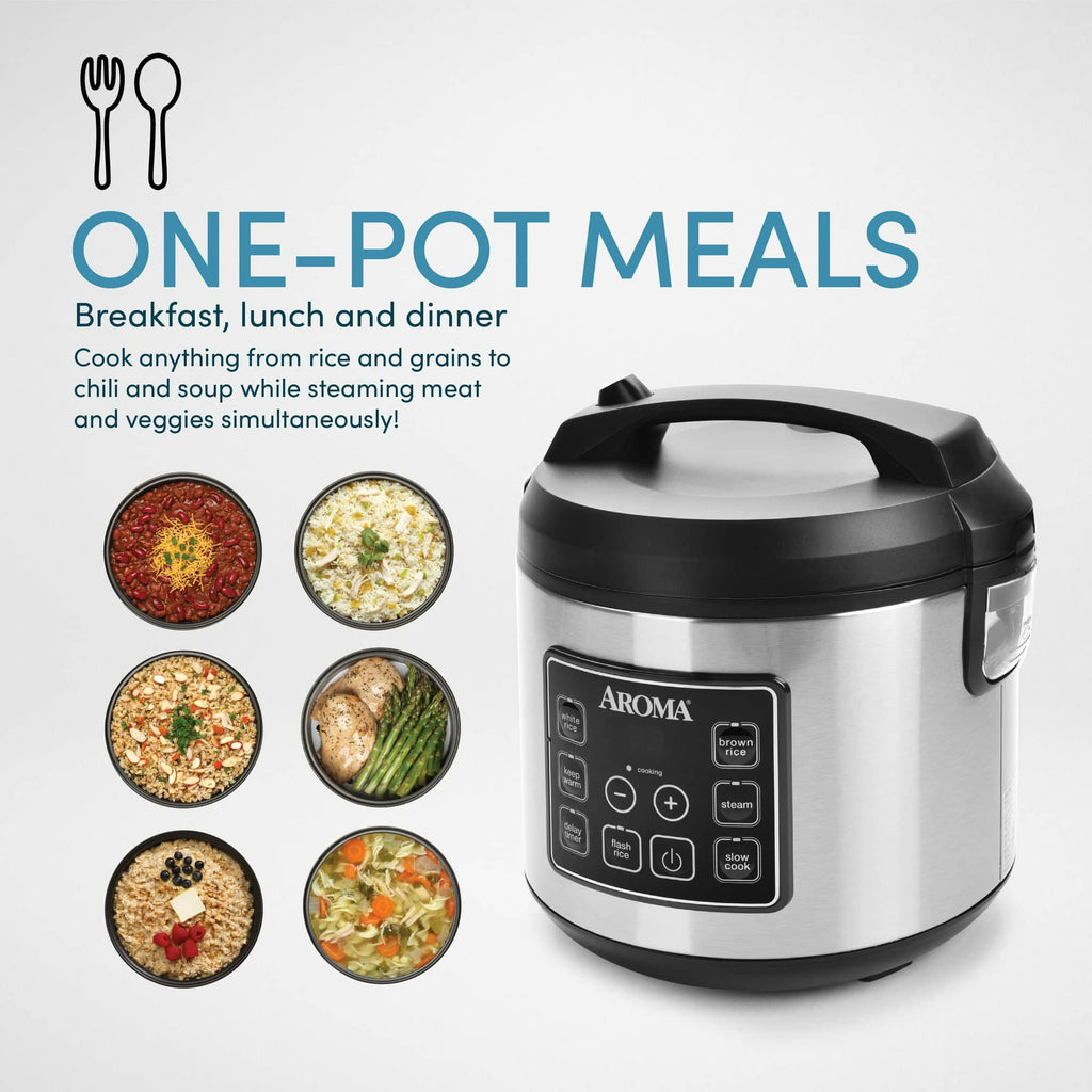 Aroma 160oz Digital Rice & Grain Cooker, Multi-Cooker, 8X Bonded Granite Coating, Silver Refurbished