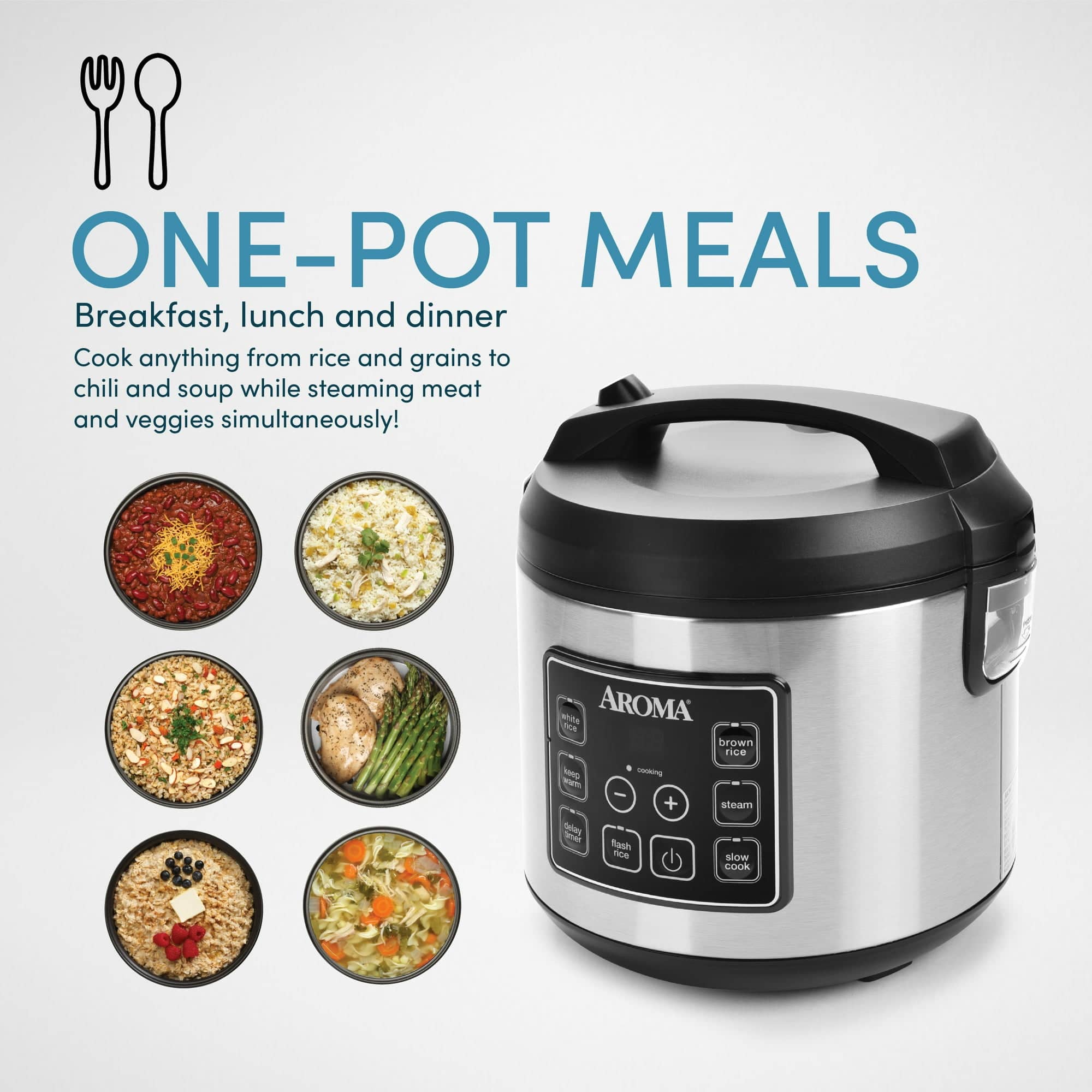 Aroma 160oz Digital Rice & Grain Cooker, Multi-Cooker, 8X Bonded Granite Coating, Silver Refurbished